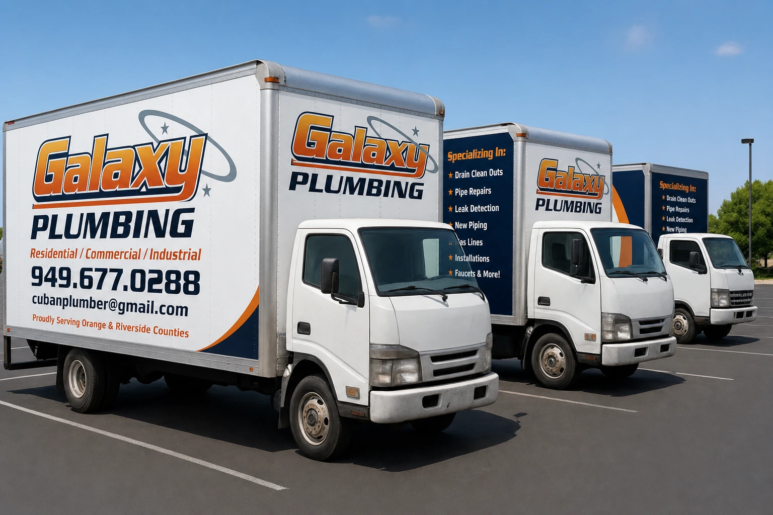 The Galaxy Plumbing fleet of branded service trucks parked and ready for dispatch